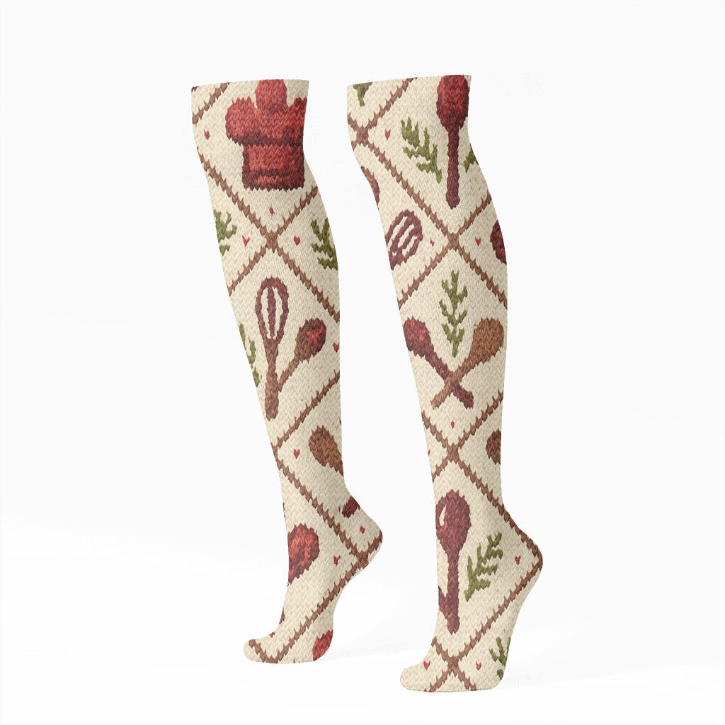 Knitted Cook Edition Herb And Utensil Lattice personalized knee-high socks