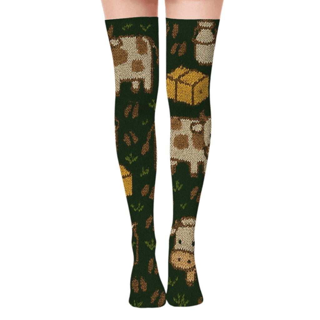Knitted Pasture Rhythm, Cow Edition stylish fashion over-the-knee socks