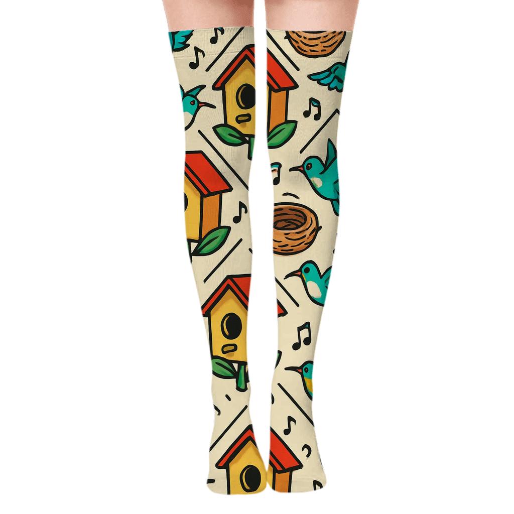 Garden Lattice With Birdhouses And Hummingbirds personalized over-the-knee socks