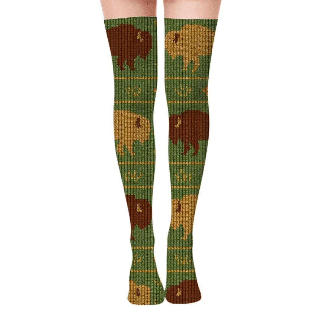 Knitted Prairie Bands With Bison Motif comfortable cotton over-the-knee socks