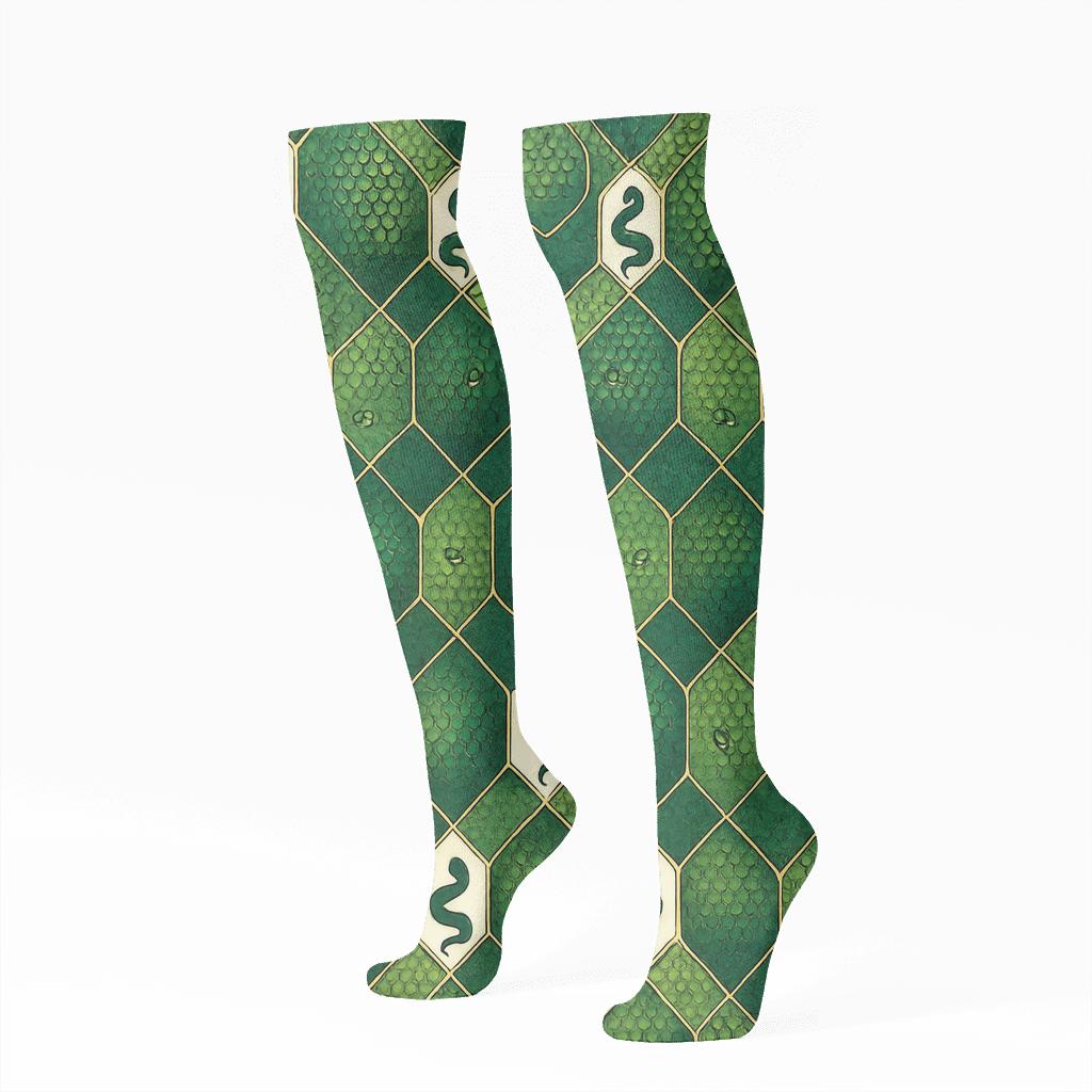 Moss Green Snake Skin Lattice Print stylish athletic knee-high socks