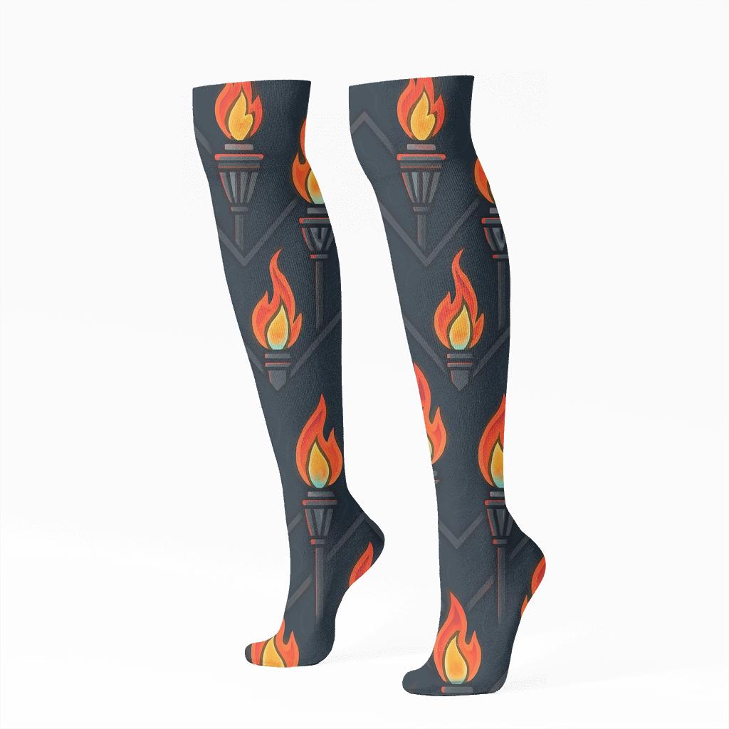 Neon Tiki Torch Chevron Bands On Midnight Navy stylish athletic knee-high socks
