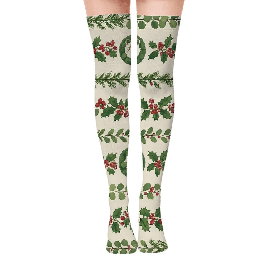 Bold Botanical Illustration Garland Band With Wreath Accents premium cozy over-the-knee socks