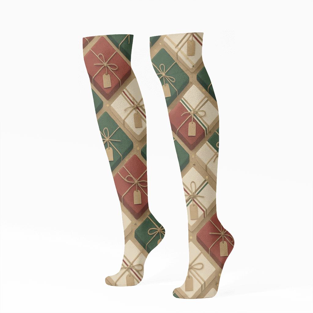 Ribbon Lattice Presents On Kraft Brown soft everyday knee-high socks