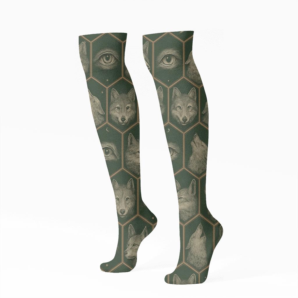 Moonlit Forest Tile With Gray Wolf Motifs premium sports knee-high socks
