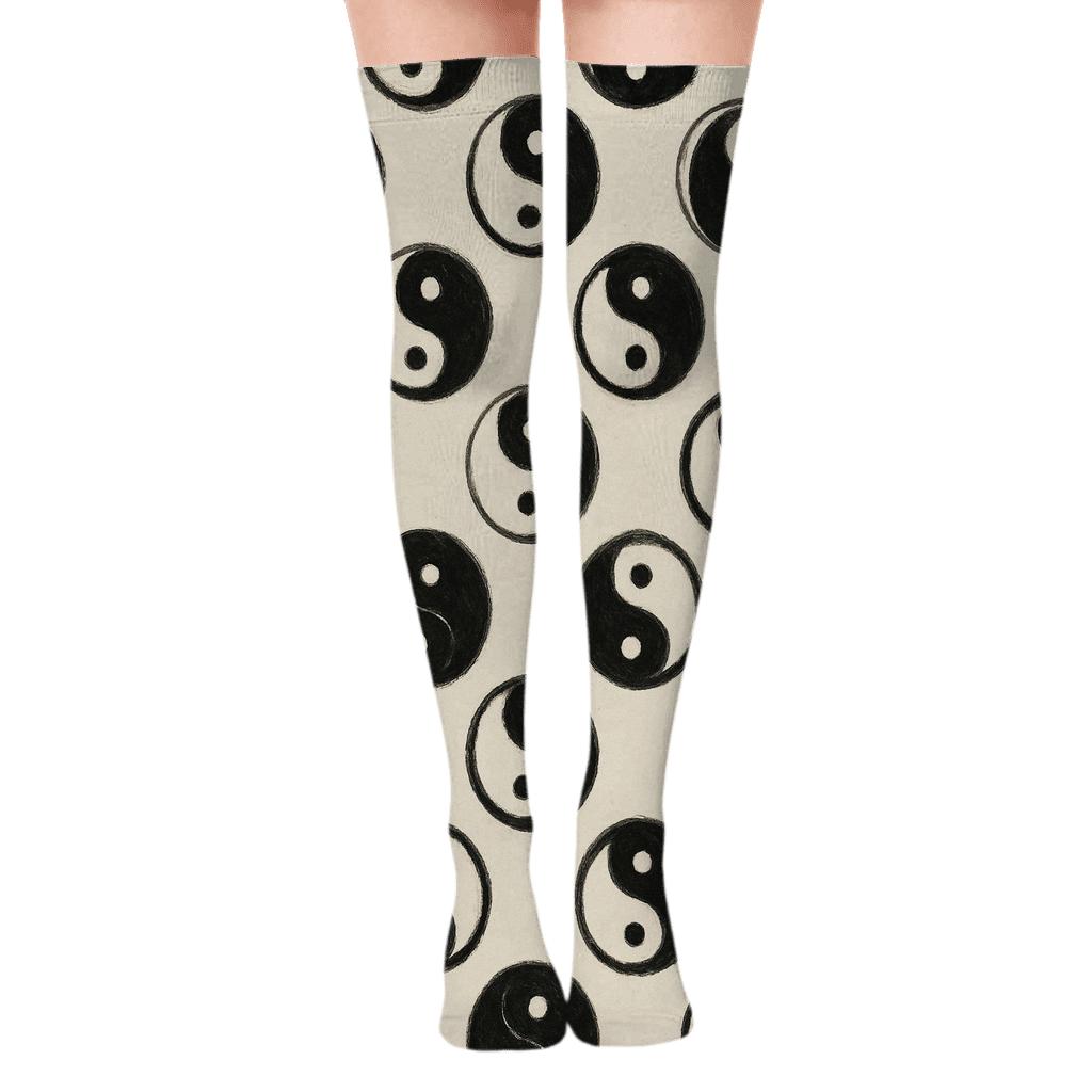 Monochrome Ink Mandala Taijitu Lattice stylish fashion over-the-knee socks