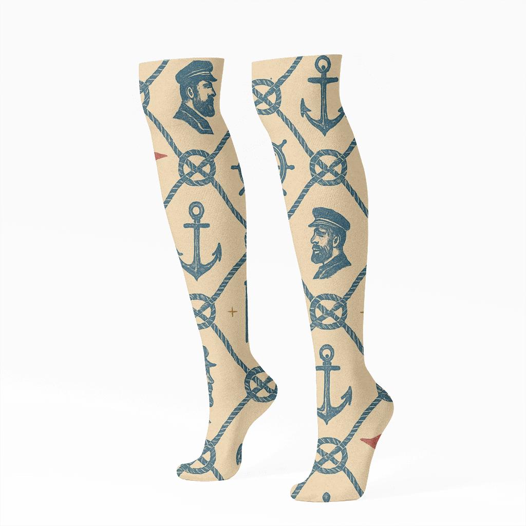 Rope Lattice With Ship Captain Icons On Sandy Beige premium sports knee-high socks