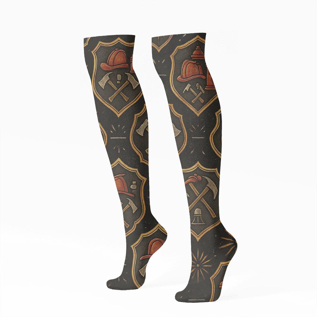 Station Badge Lattice With Fire Fighter Icons comfortable cotton knee-high socks