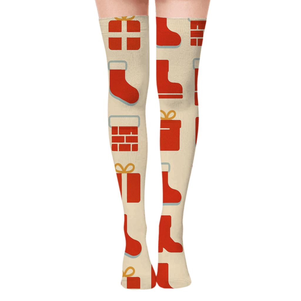 Gift Wrap Grid With Santa Claus Icons premium cozy over-the-knee socks