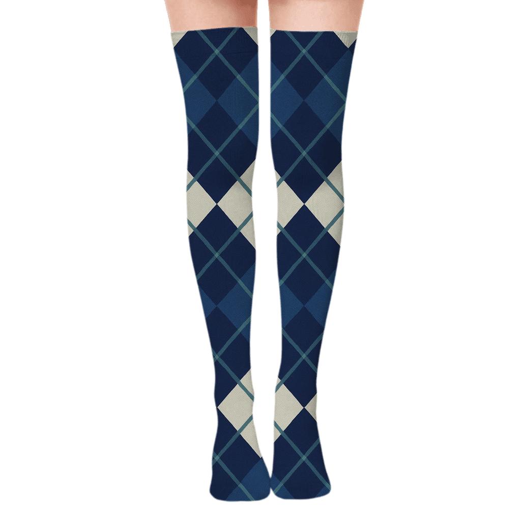 Indigo And Ivory Diagonal Diamond Check With Stripe Intersections comfortable cotton over-the-knee socks