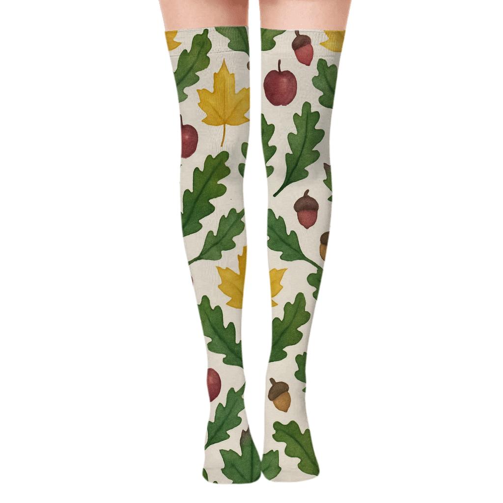 Watercolor Leaf Silhouette Lattice On Creamy Beige Background stylish fashion over-the-knee socks