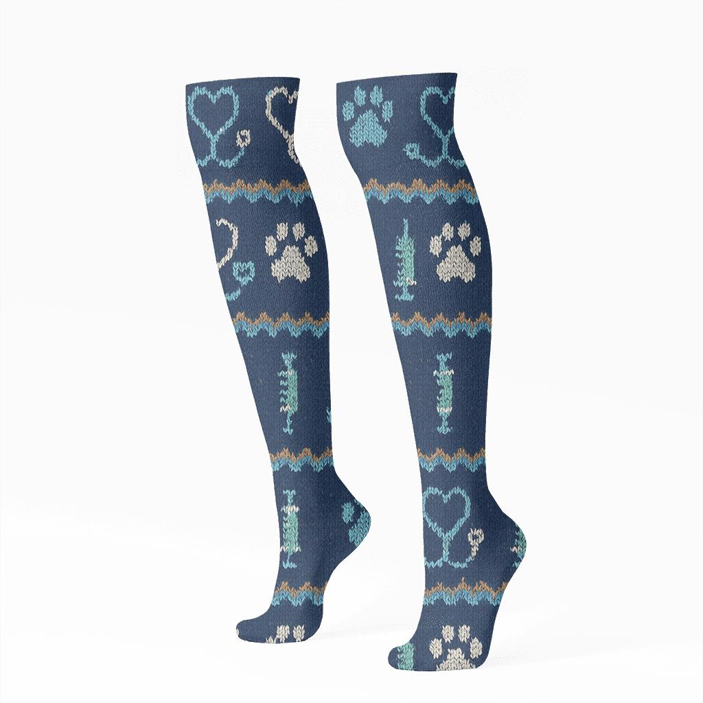 Veterinary Technician Knitted Paw And Stethoscope Fair Isle unique graphic knee-high socks