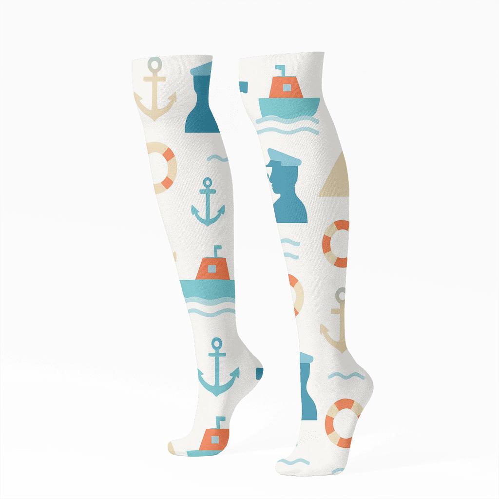 Rescue Boat Tiles With Coast Guard Officer Silhouette custom knee-high socks