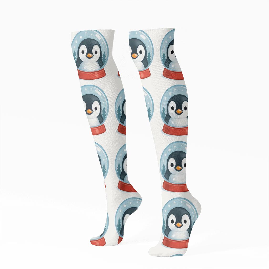 Snow Globe Penguin Grid On White Background stylish athletic knee-high socks