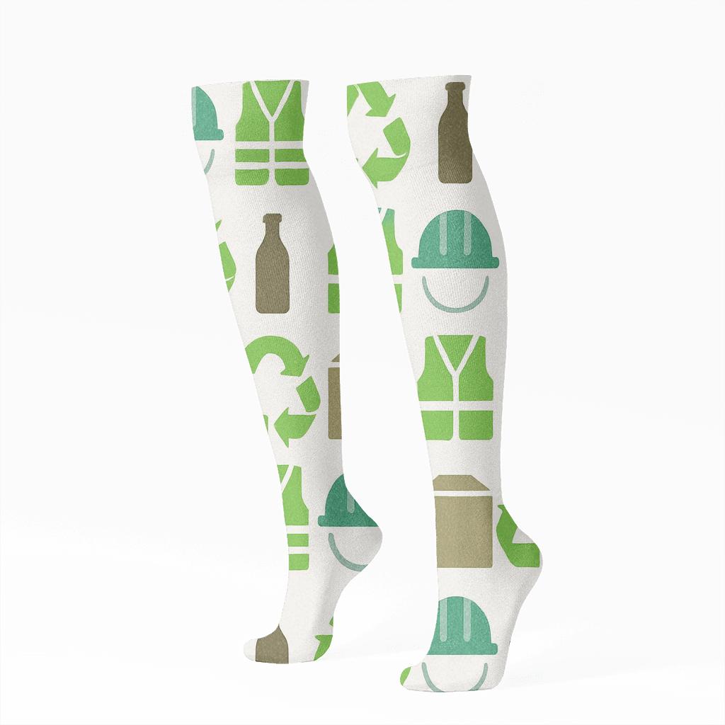 Mirrored Pattern Bands With Recycling Plant Worker Icons personalized knee-high socks
