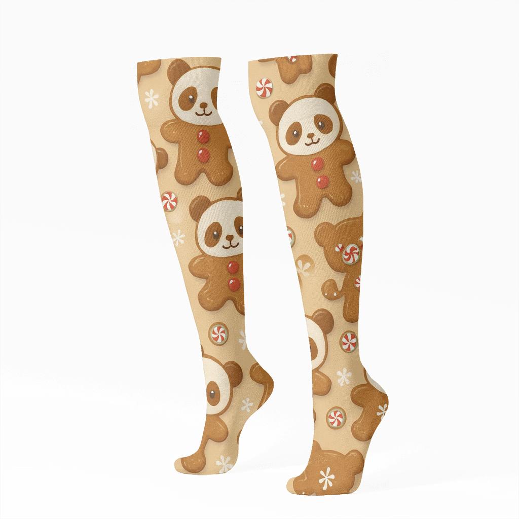 Gingerbread Panda Scatter On Warm Beige Background premium sports knee-high socks