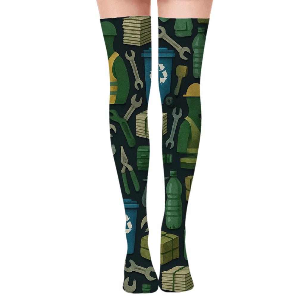 Industrial Collage Recycling Plant Worker Repeat Tiling comfortable cotton over-the-knee socks