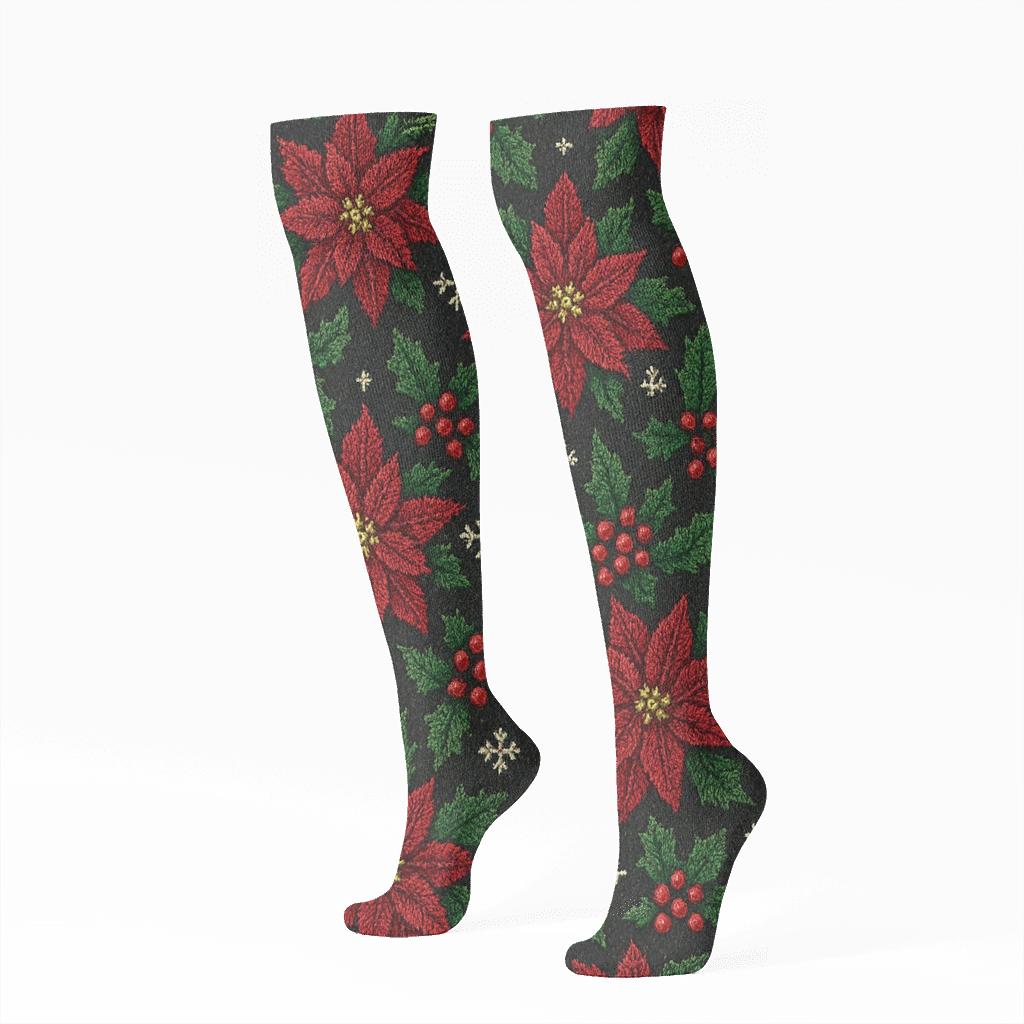 Emerald Poinsettia Snowflake Lattice On Charcoal Background personalized knee-high socks