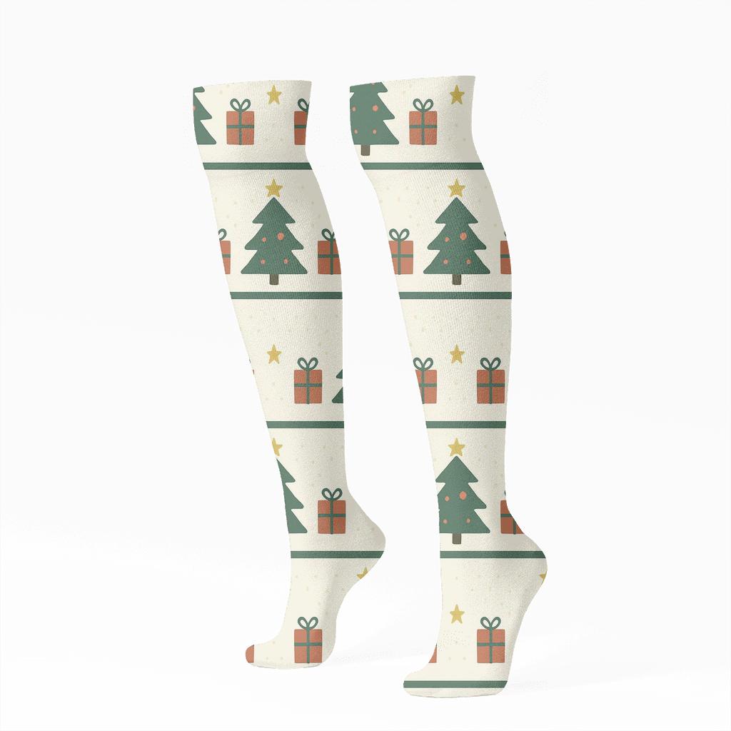 Holiday Pine Tree Band Pattern In Winter Cream soft everyday knee-high socks