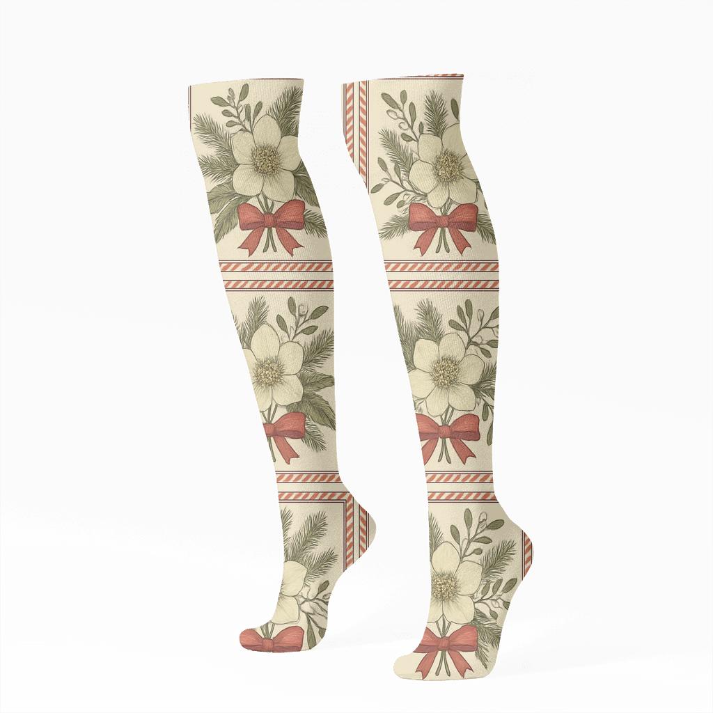 Crimson Christmas Rose Garland Grid On Ivory Background trendy patterned knee-high socks