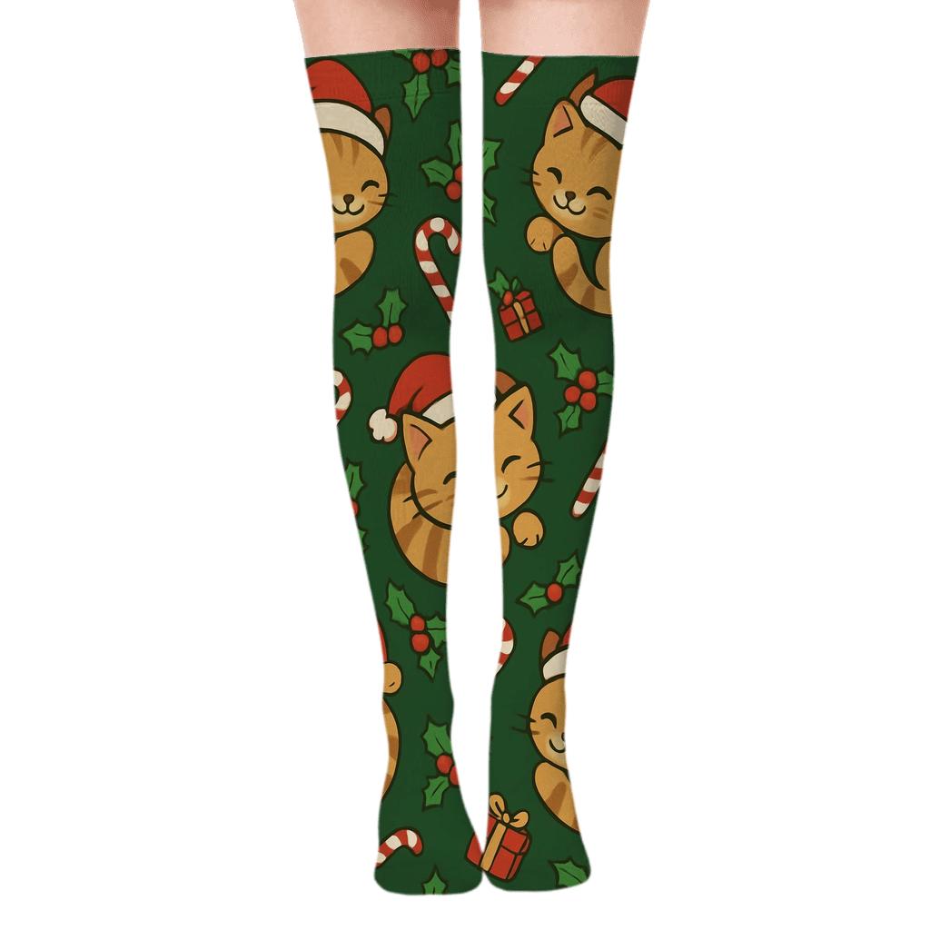Candy Cane Cat Carousel Tessellation On Pine Green Background custom over-the-knee socks