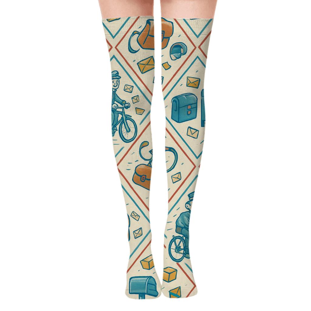 Stamp Mosaic With Mail Carrier Parade stylish fashion over-the-knee socks