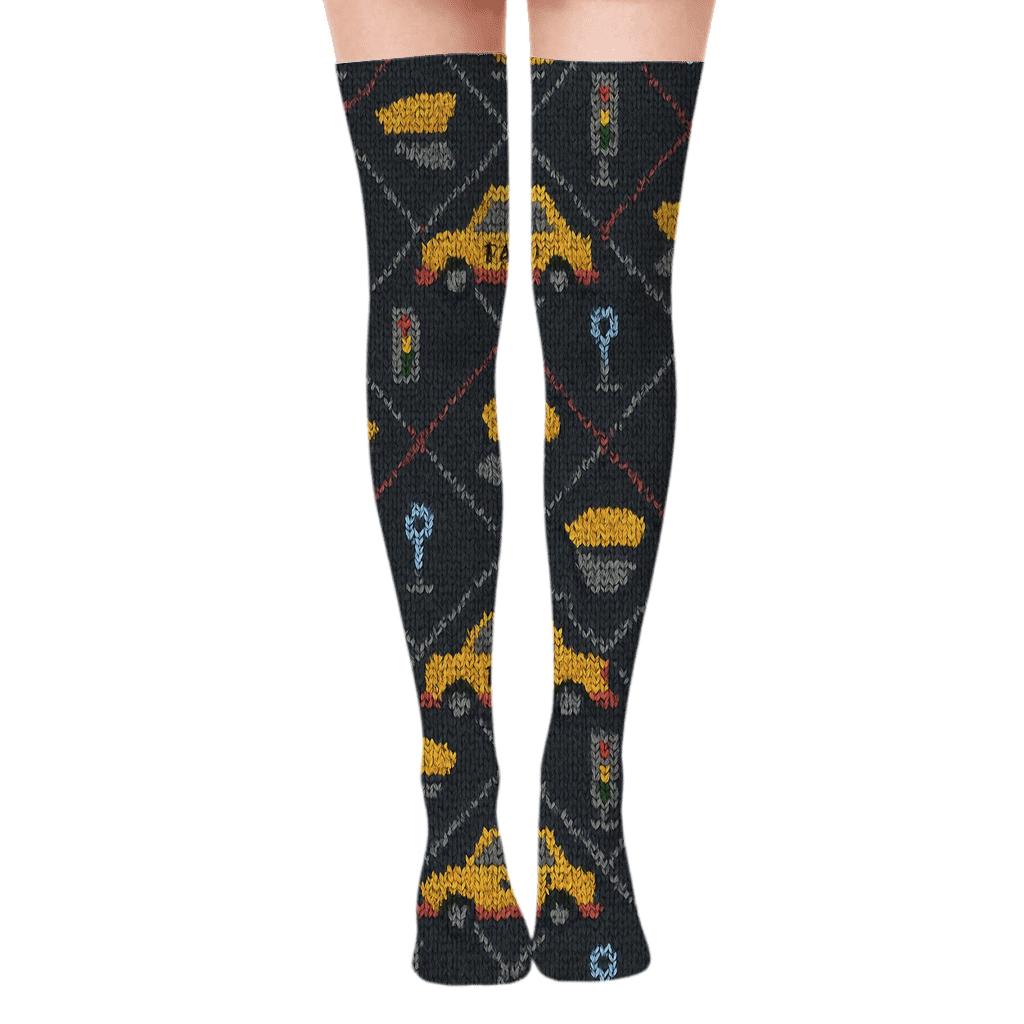 Metro Knit Illusion For Taxi Driver designer print over-the-knee socks