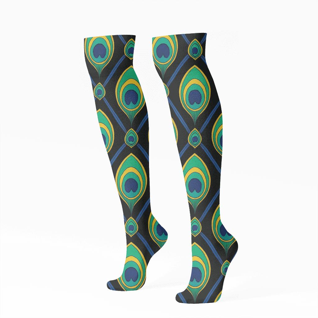 Peacock Tail Eye Lattice On Black Background comfortable cotton knee-high socks