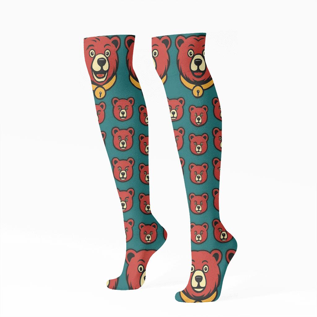 Bell Collar Bear Border Repeat On Teal Background soft everyday knee-high socks