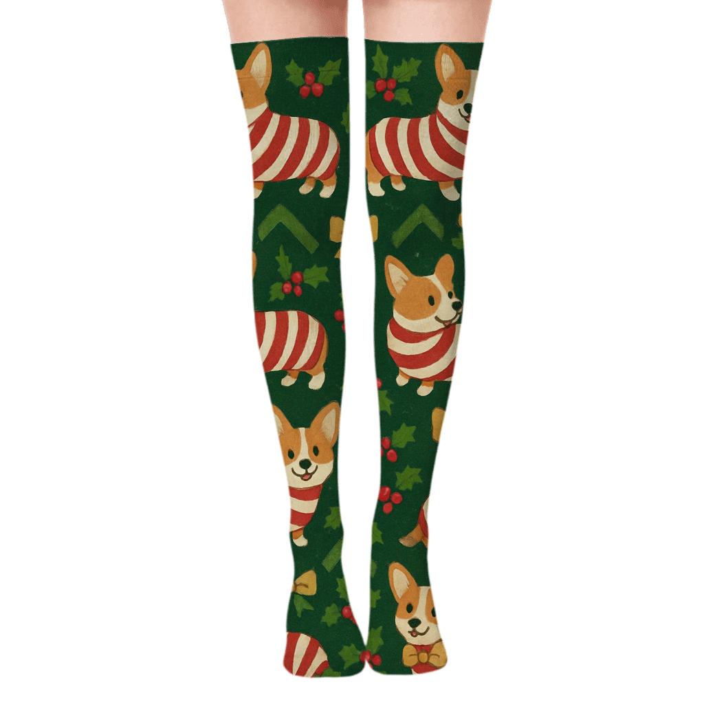 Candy Cane Corgi Chevron On Forest Green Background soft everyday over-the-knee socks