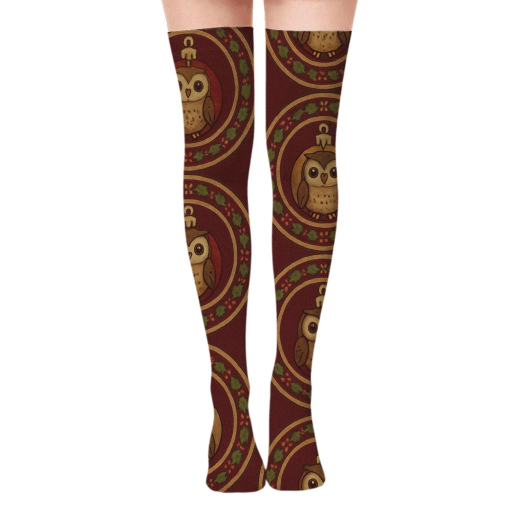 Ornament Owl Medallion Rings On Burgundy Background personalized over-the-knee socks