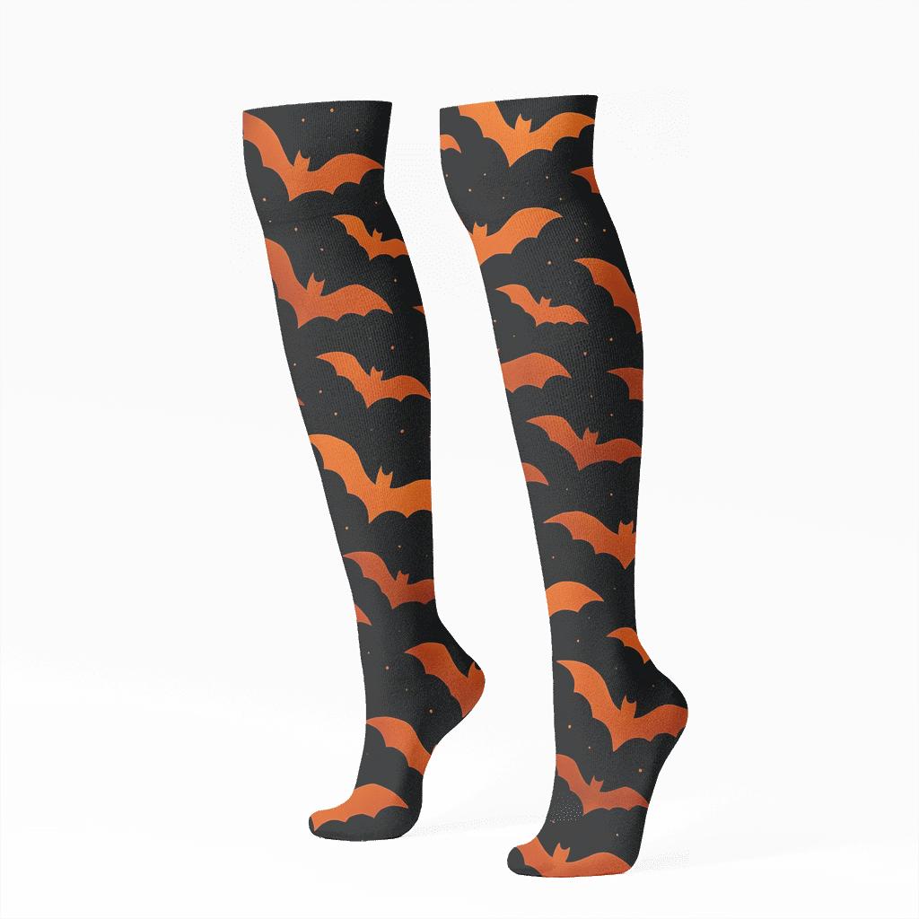 Orange Bat Swarm Diagonal Drift On Black Background unique graphic knee-high socks