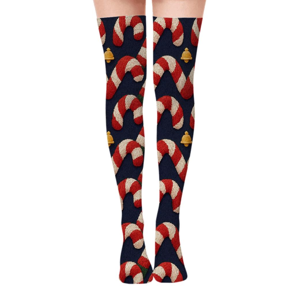 Candy Cane Chevron, Xmas Knit Illusion unique graphic over-the-knee socks