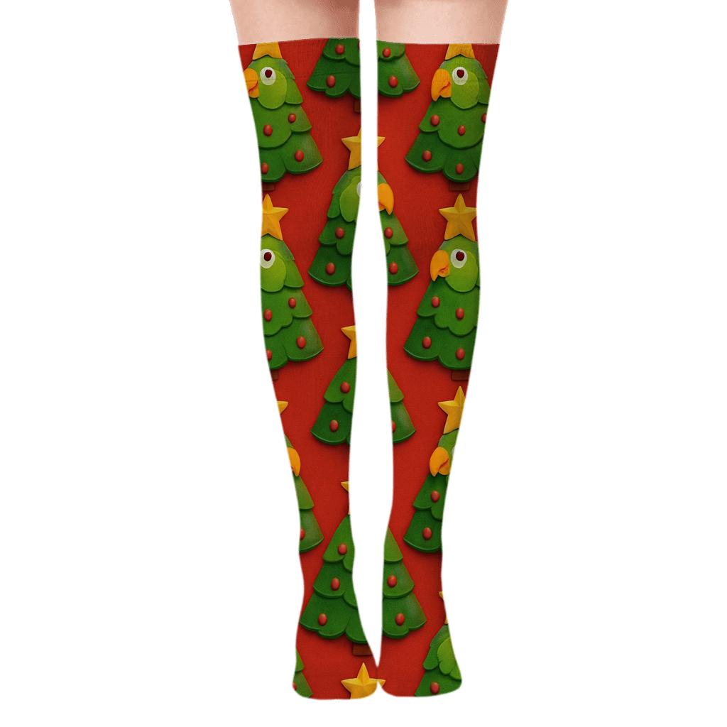 Christmas Tree Parrot Mosaic On Red Background premium cozy over-the-knee socks