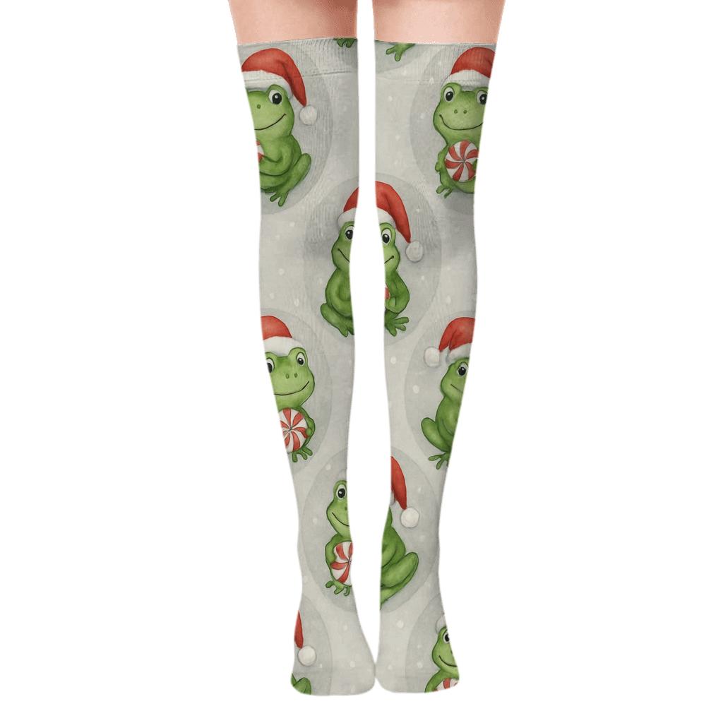 Peppermint Frog Polka Tile On Light Gray Background stylish fashion over-the-knee socks