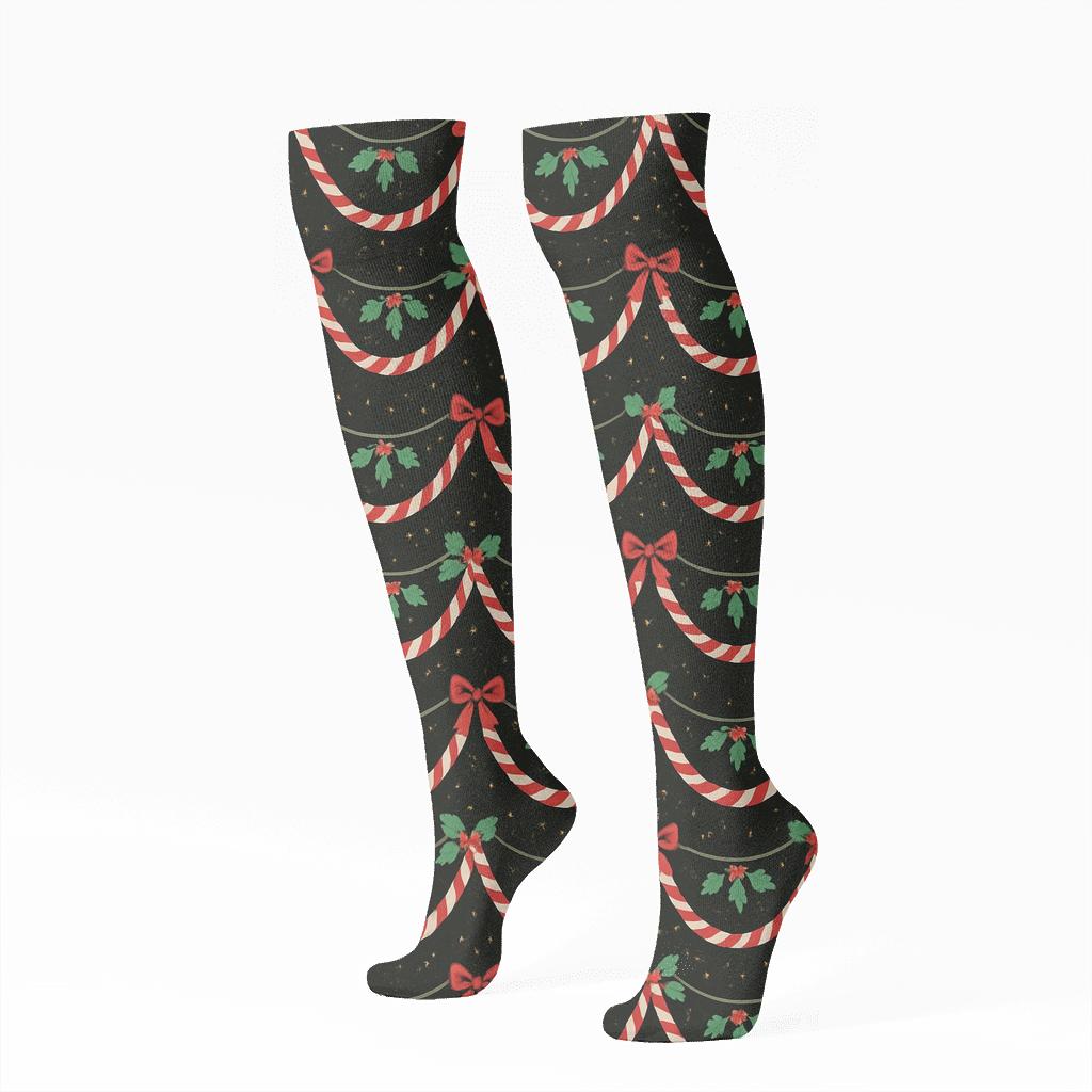 Candy Canes Garland On Black Night Field unique graphic knee-high socks