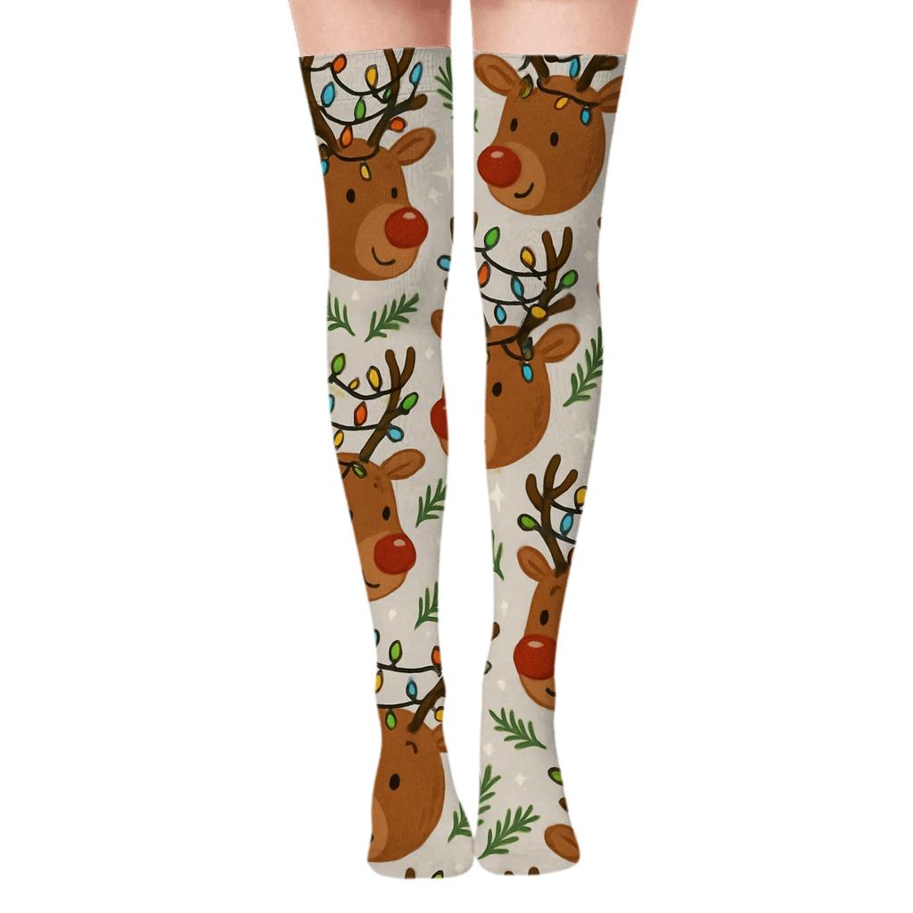 Reindeer With Holiday Light Tangle Grid designer print over-the-knee socks