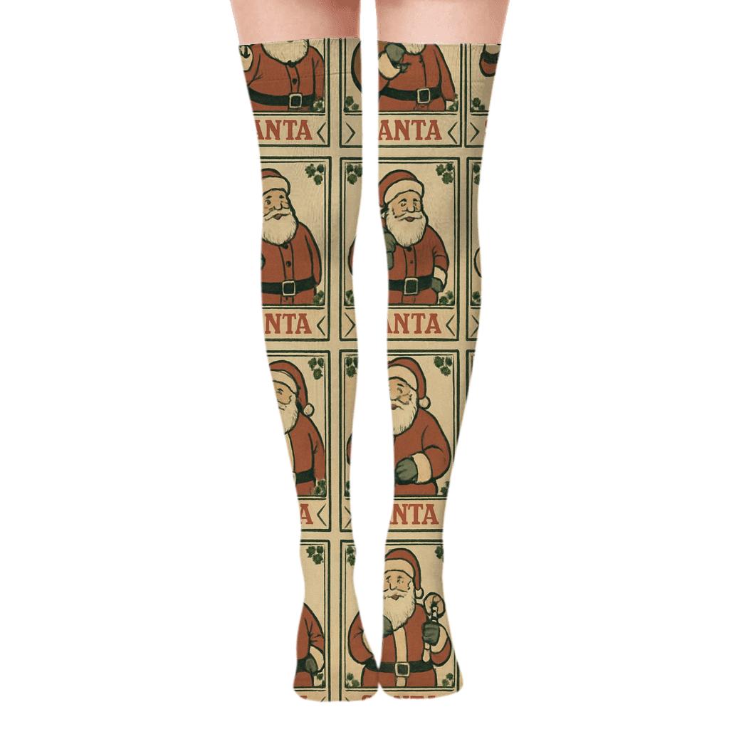 Xmas Vintage Santa Poster Tile Collage unique graphic over-the-knee socks