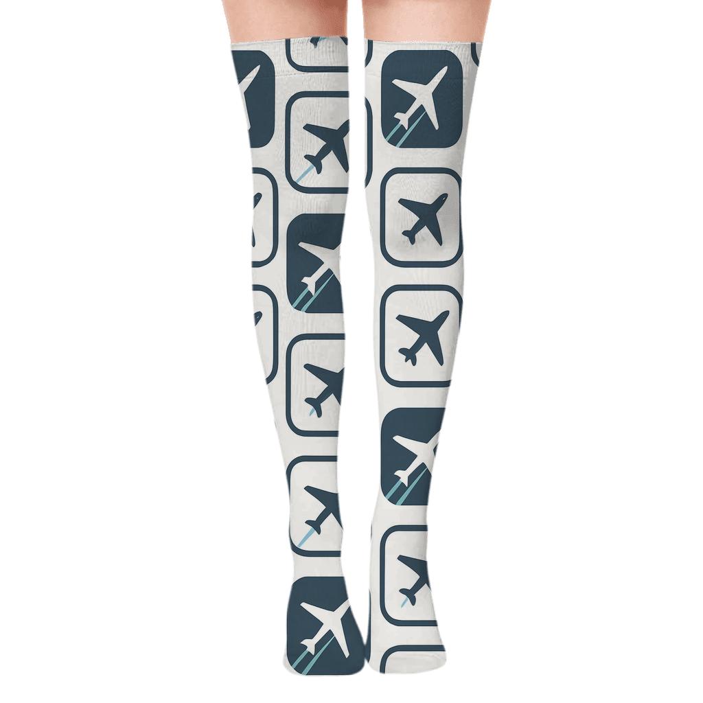 Cloud Tiles In Airplane Minimal Grid unique graphic over-the-knee socks