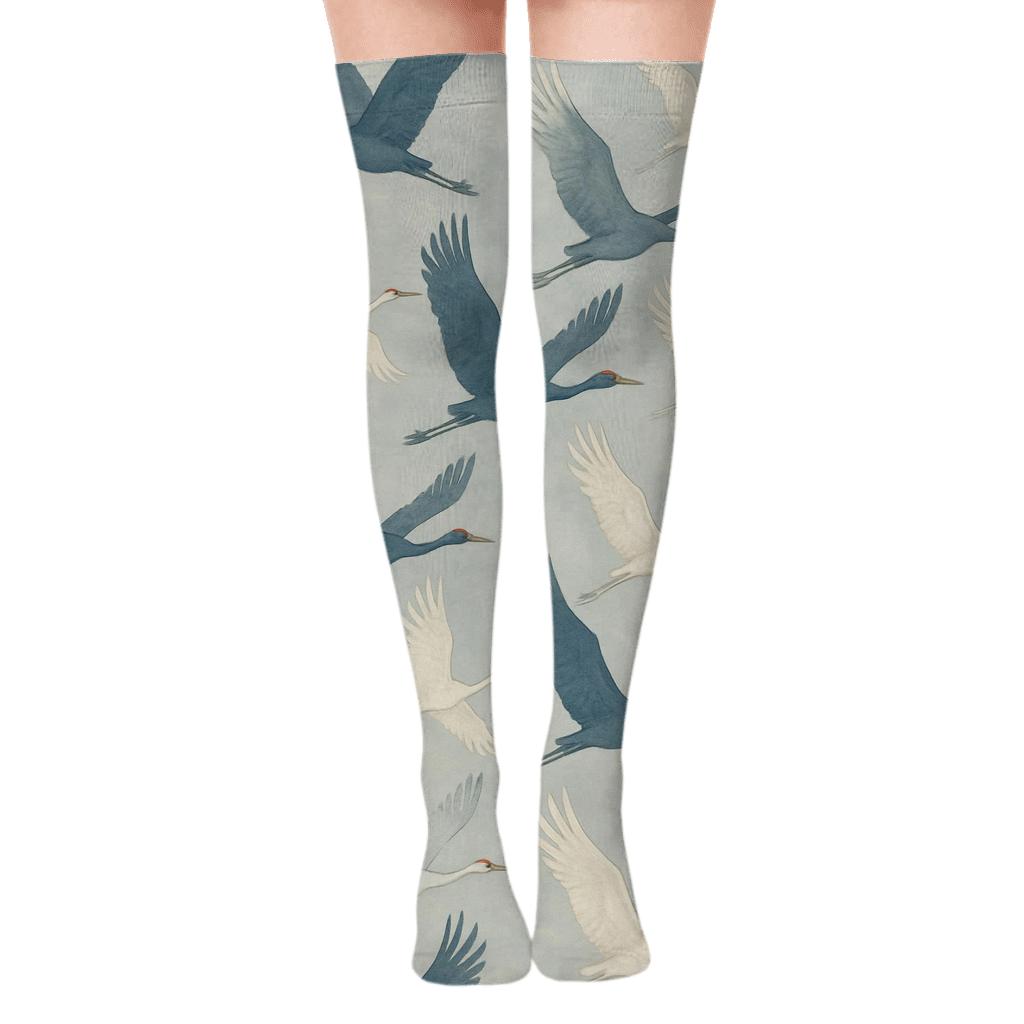 Crane Flight Diagonal Array On Mist Gray Background trendy patterned over-the-knee socks
