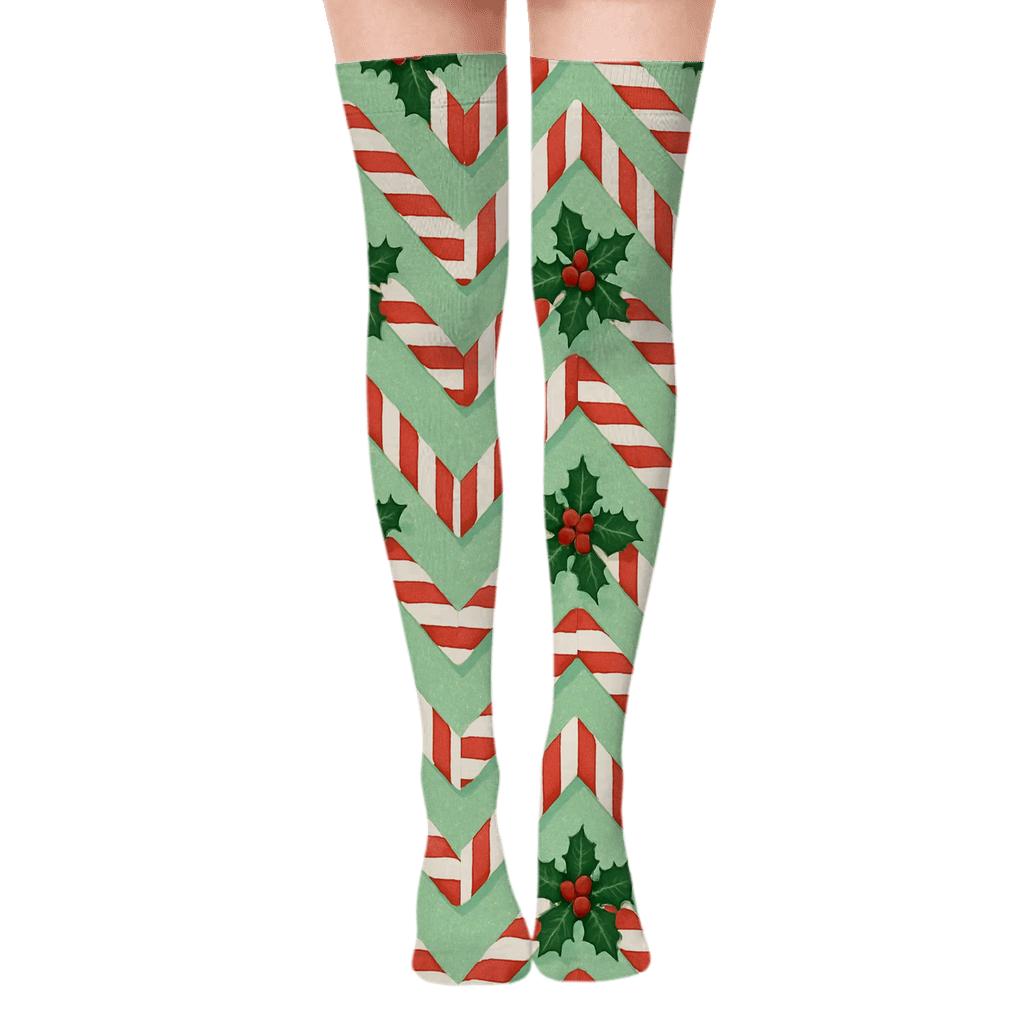 Candy Canes Diagonal Chevron Tessellation premium cozy over-the-knee socks