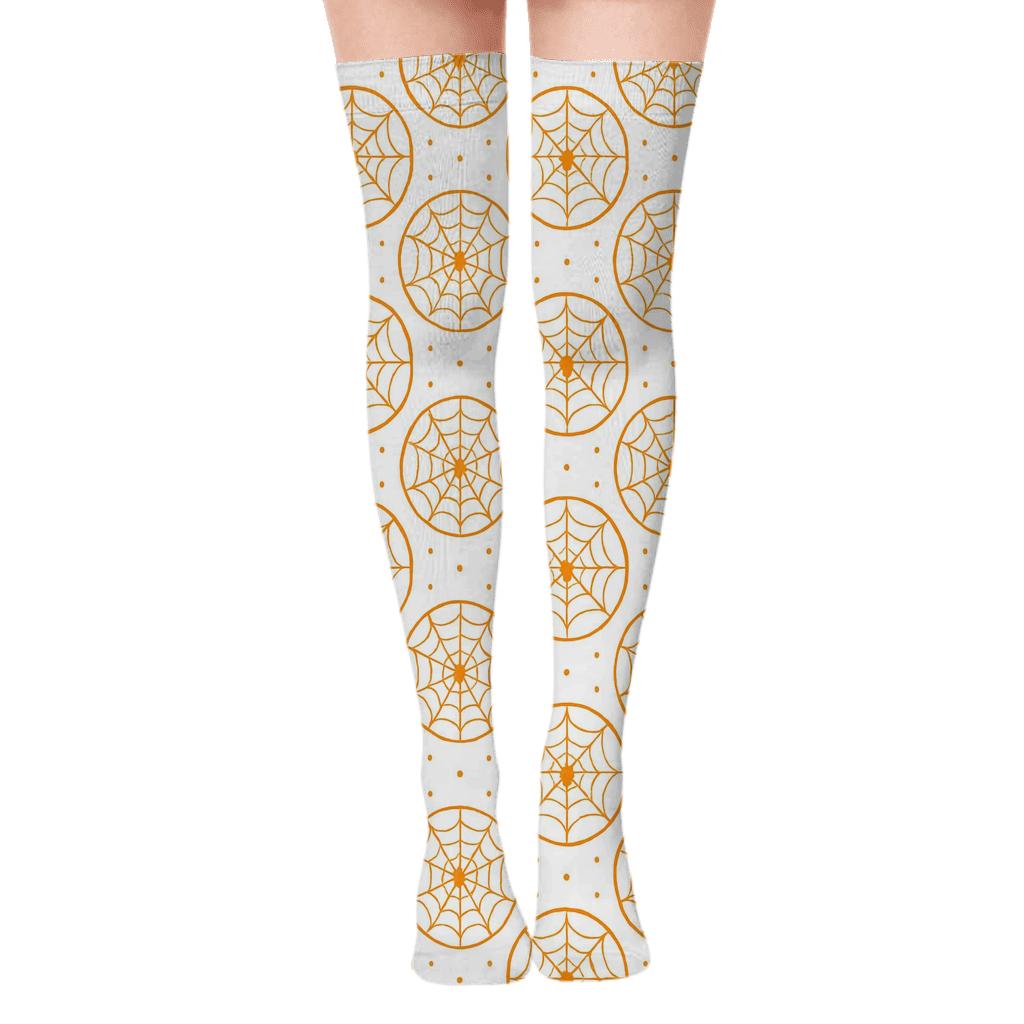 Orange Spider And Web Medallion Repeat On White Background comfortable cotton over-the-knee socks