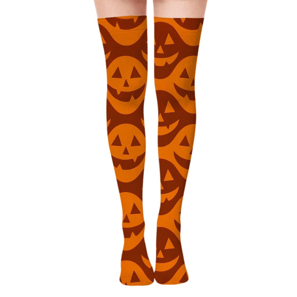 Carved Pumpkin Smile Wave On Orange Background designer print over-the-knee socks