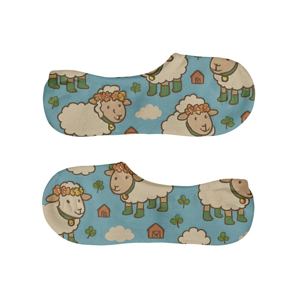 Meadow Cartoon Grid With Clover, Rolling Sheep breathable seamless no-show sockscustom no-show socks
