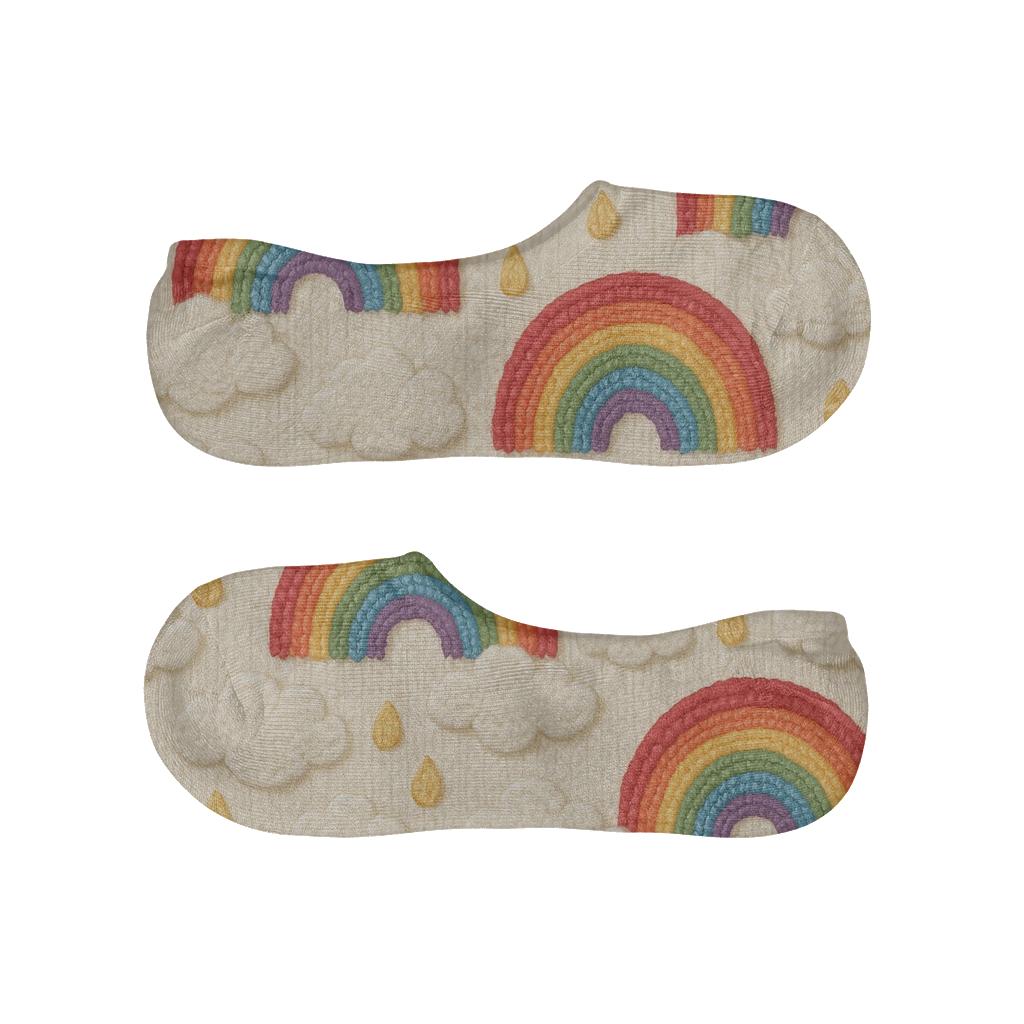Rainbow Scarf Stitch Arcs On Cream Knit anti-slip no-show socks