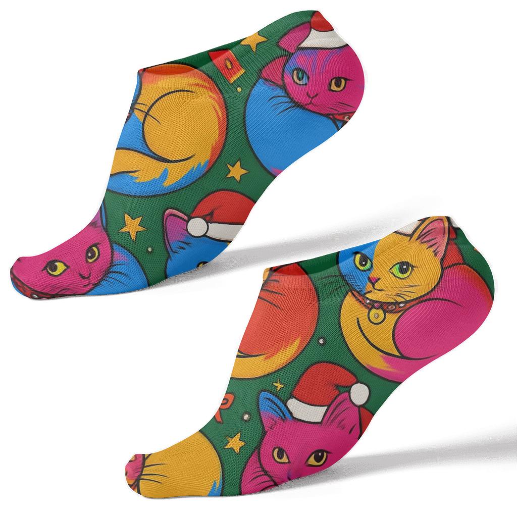 Pop Art Ornament Cats Tessellation On Holly Green Background trendy patterned ankle socks