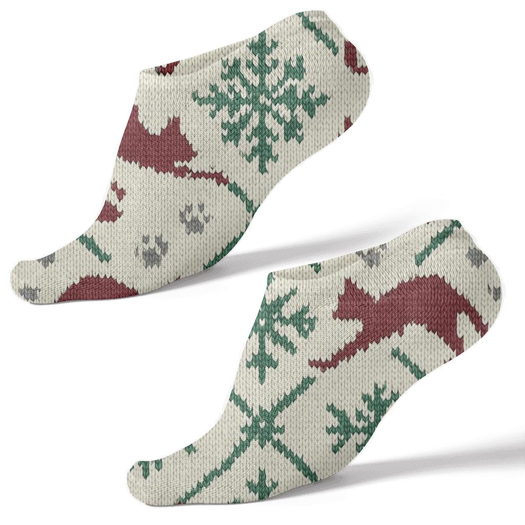 Knitted Snowflake Cat Silhouette Lattice On Cream Background designer print ankle socks