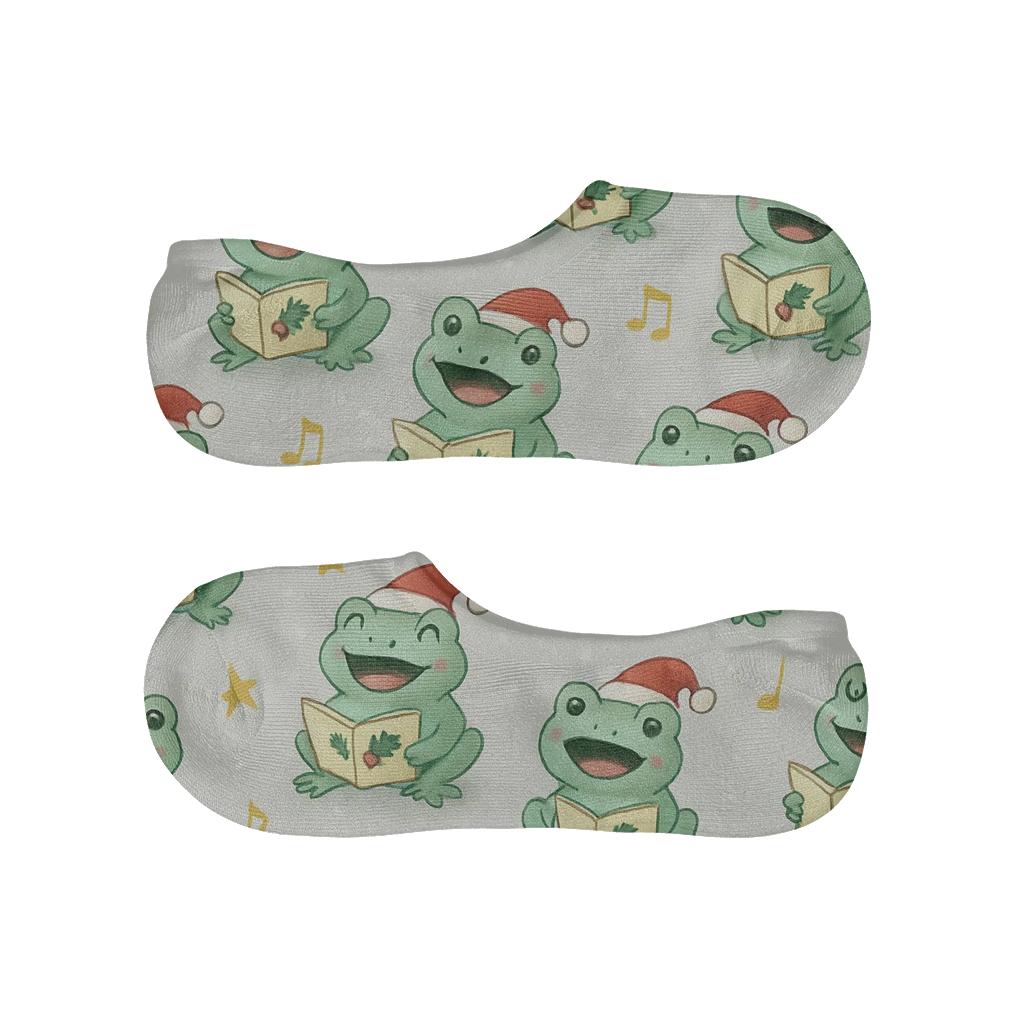Frog Carolers Polka Dot Scatter On Frosted Light Gray Background soft cotton no-show socks