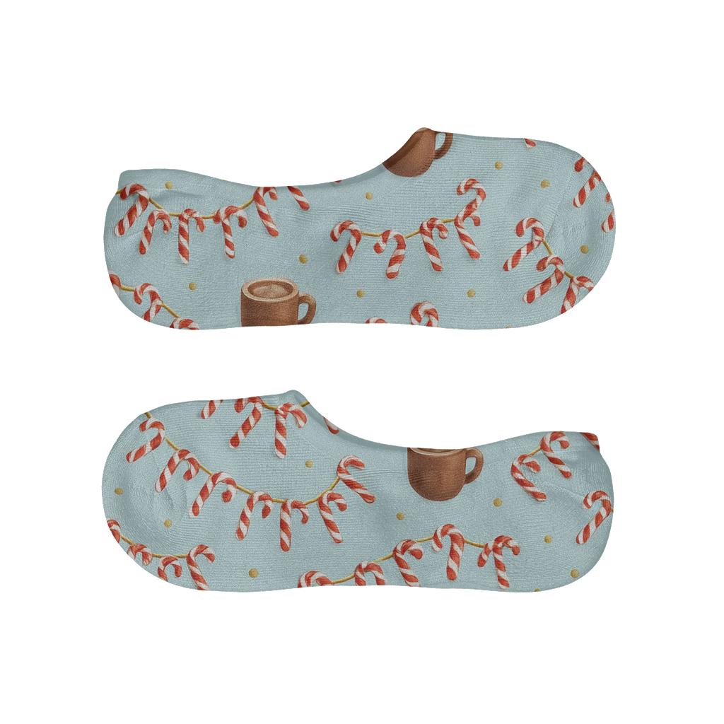 Icy Blue Candy Canes Garland Scatter In Festive Collage designer print no-show socks