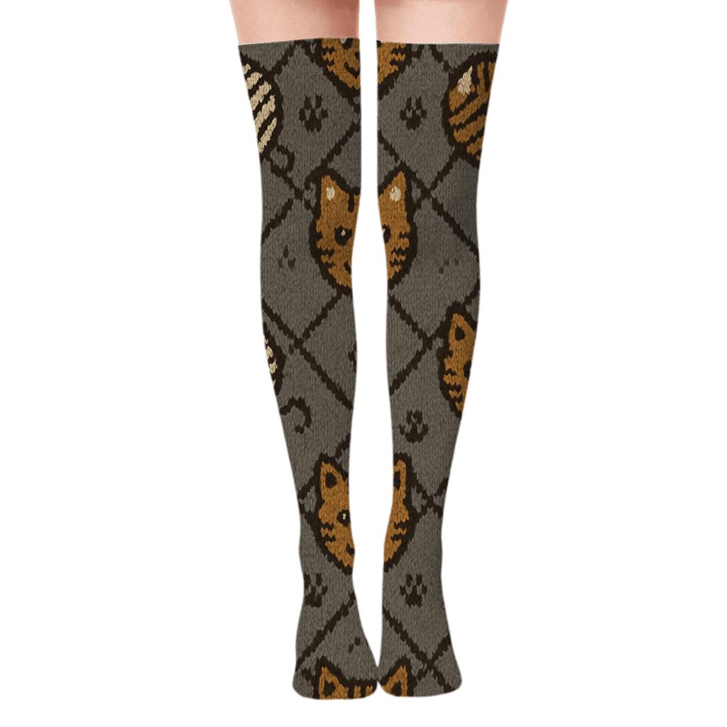 Knitted Illusion Yarn Lattice With Cat Motifs soft everyday over-the-knee socks